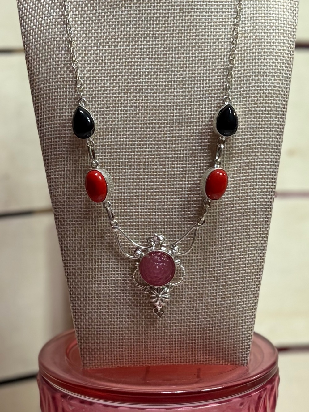 Hand Crafted Silver Necklace with Pink, Red and Black Stones